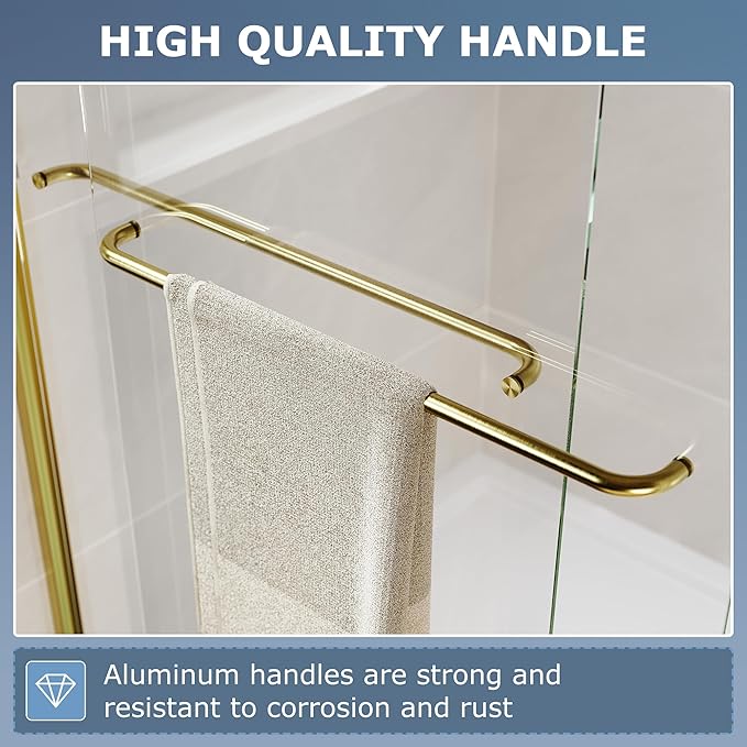 SUNNY SHOWER Double Sliding Glass Door 60" W x 72" H Shower Door 1/4" Tempered Glass Sliding Door Semi-Frameless Shower Glass Enclosure Bypass Walk in Shower Cabin, Brushed Gold