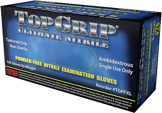 TopGrip Nitrile Exam Gloves, 6 Mil, Disposable, Powder Free, Textured, Case/1000, X-Large XL