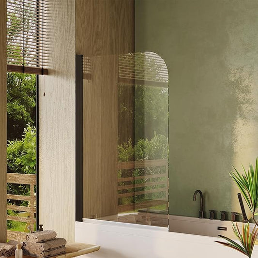 Bathtub Shower Screen 32 Inch W x 55 Inch H, Curved Splash Screen for Tub, 6mm Tempered Glass with Matte Black Aluminum Frame, Space-Saving Bathroom Upgrade