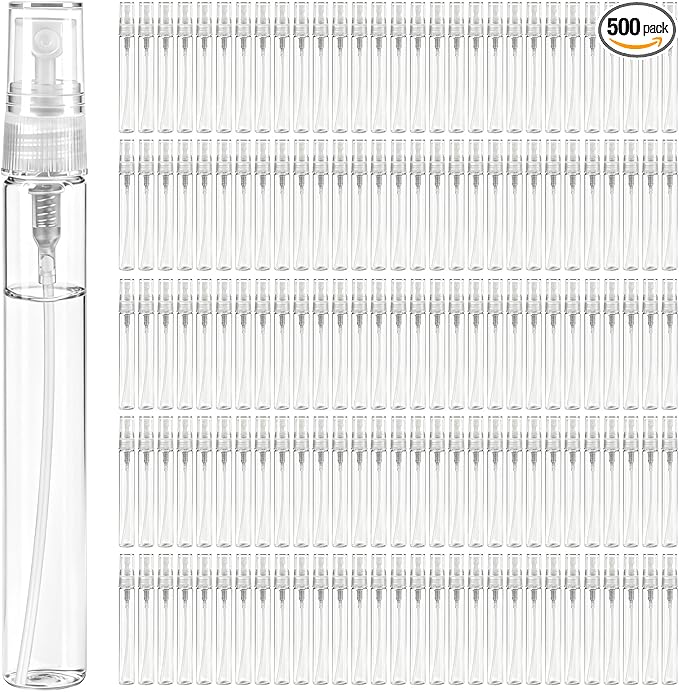 500 Pcs 10ml Mini Spray Bottles Portable Perfume Refillable Dispenser Container Clear Glass Perfume Sprayer for Cleaning Essential Oils Pocket Travel
