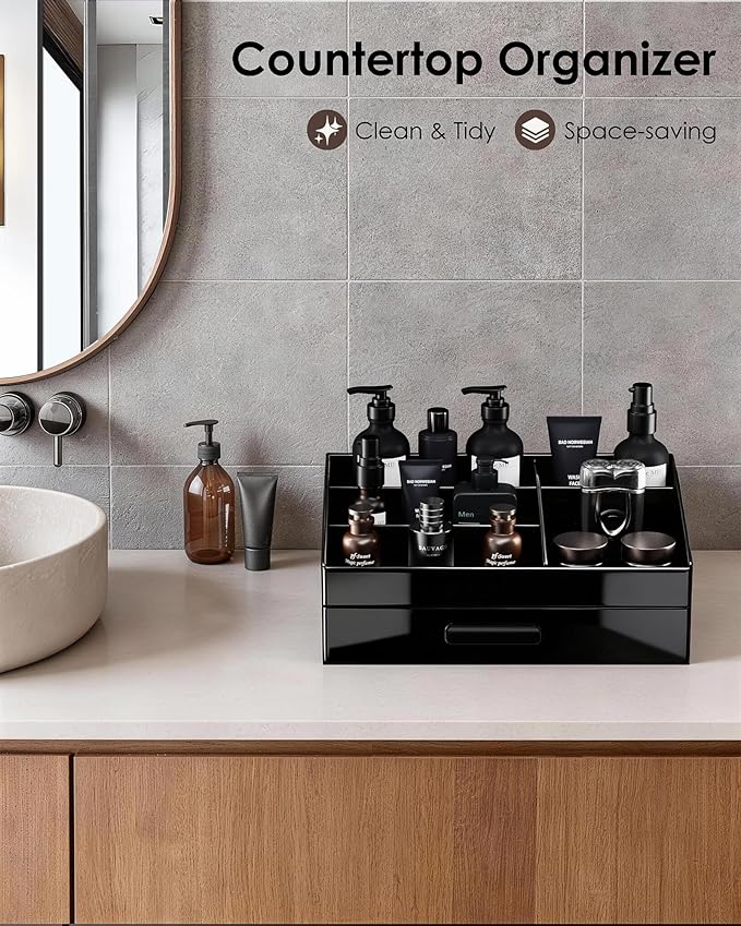 ProCase Cologne Organizer for Men with Drawer, Acrylic Perfume Holder & Bathroom Countertop Organizer for Men & Women, Dresser Vanity Storage for Cologne, Perfume and Skincare -1 Layer