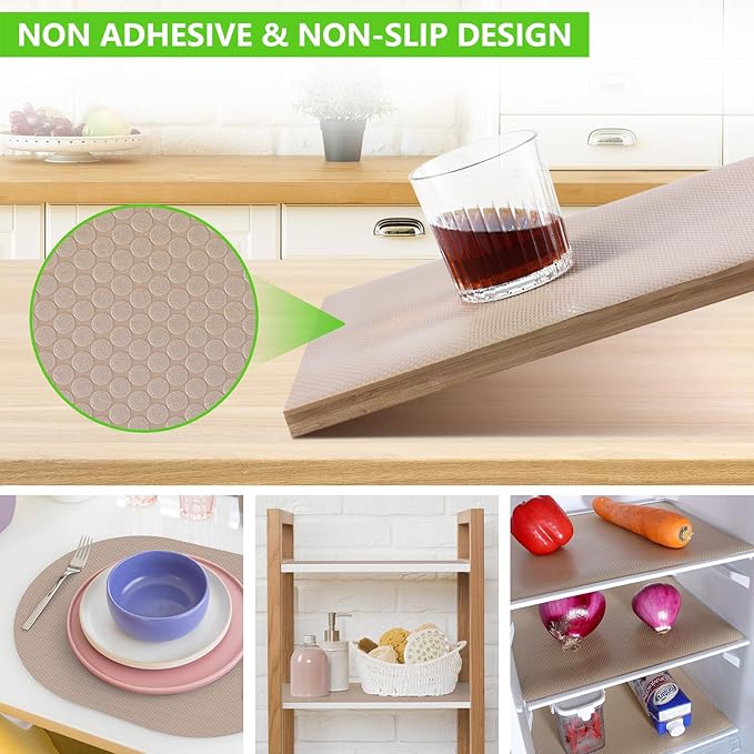 Beige Shelf Liners for Kitchen Cabinets Non Adhesive Drawer Liner for Bathroom Waterproof Refrigerator Liners for Shelves Fridge Plastic Mats Cabinet Cupboard Liner 11.8 x 59 Inches