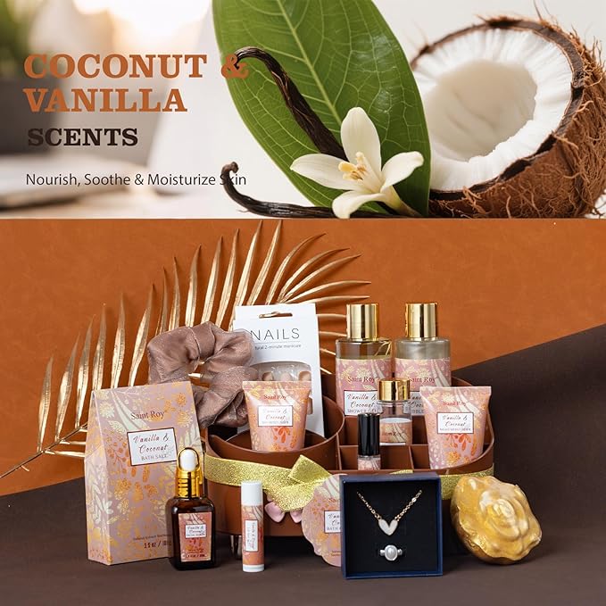 Valentines Day Gifts Luxury Gifts for Women, 16 Pcs Spa Gifts for Woman of Coconut Vanilla Scents Skin Care Kit, Facial Kit with Face Day Cream, Night Cream, Skincare Set in Makeup Storage Box