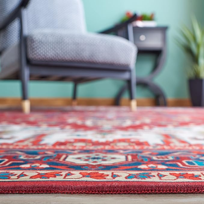 SAFAVIEH Washable Rug Tucson Collection - 6'6' x 9', Red & Blue, Slip Resistant & Easy to Clean, Ideal for Living Room, Bedroom, Dining Space (TSN101Q)