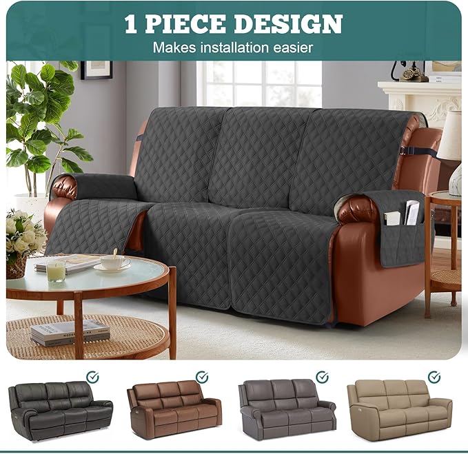 Ruaozz Waterproof Recliner Sofa Covers, 1-Piece Couch Covers for Reclining Couches Reclining Couch Cover Washable Furniture Protector with Elastic Straps Pocket for Kids Pets (Charcoal Grey, 3 Seater)