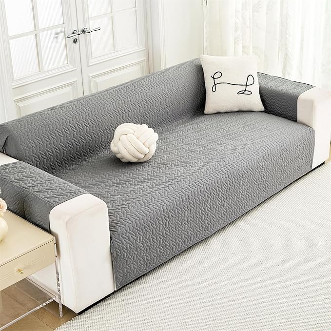 Cmfshape Skidproof Loveseat Cover-Geometrical Couch Slipcover with Elastic Straps-Easy Fit Slip Cover-Washable Furniture Protector for Pets and Kids(Loveseat46,Grey)