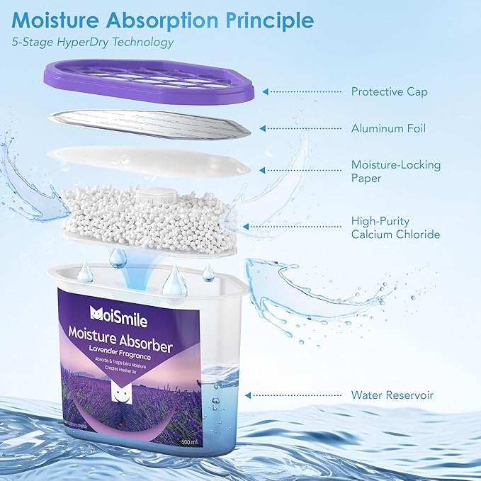 Moisture Absorbers 6 Packs, 10.8OZ Lavender Vanilla Efficient Humidity Absorber ＆ Odor Eliminator Boxes, Refillable Car Dehumidifier for Closet, Bathroom, Basement＆ RV