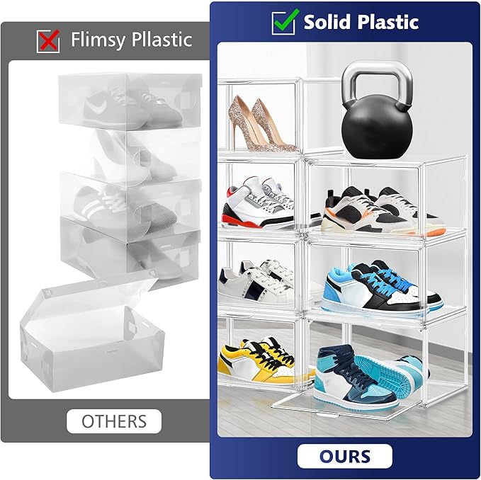 2 Pack Acrylic Clear Shoe Storage Boxes Size 12, Transparent Display Case for Sneaker Collections, Baseball Caps, Hat Organizer Dust-free Shoe Cubbies Stackable Sneaker Boxes