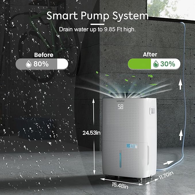 Waykar 150 Pints 7,500 Sq. Ft Energy Star Dehumidifier with Pump for Commercial and Industrial Large Room, Basement, Home, Storage, Warehouse with Drain Hose and Water Tank