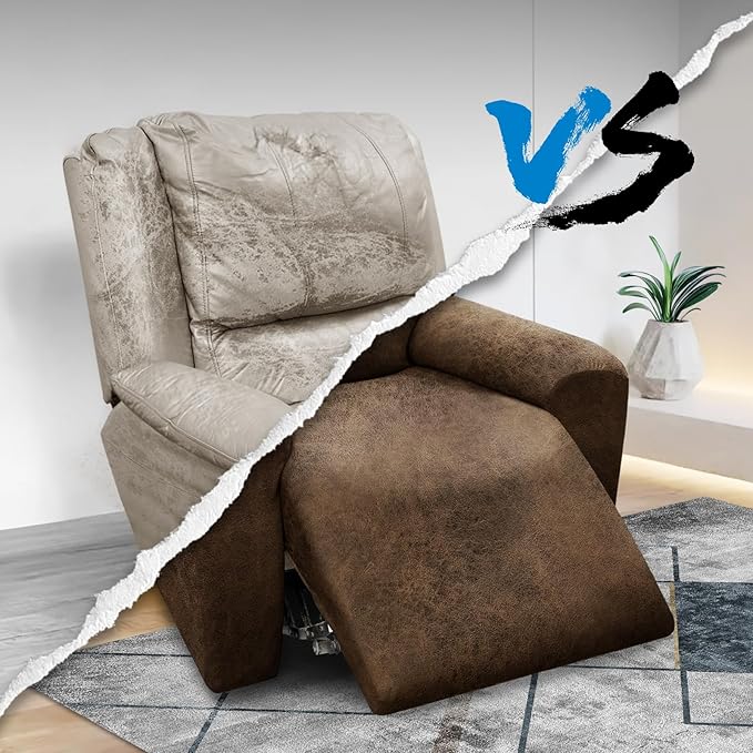 Chair Covers 4-Pieces Recliner Chair Covers 1 Seater Cover for Recliner Chair Leather Look Recliner Slipcovers with Pockets Spandex Fabric Furniture Covers(XL Recliner, Brown)