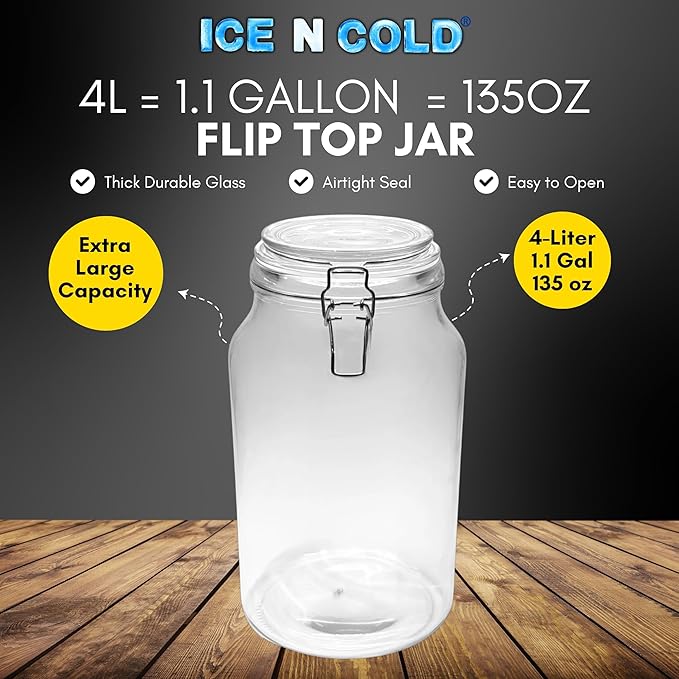 Airtight Glass Storage Jars with Clamp Lid – Food Storage Containers with Rubber Gasket Seal – Pantry & Kitchen Canisters for Dry Goods, Coffee, Sugar, Pasta – 0.4L to 4L Sizes (6, 135oz | 4L)