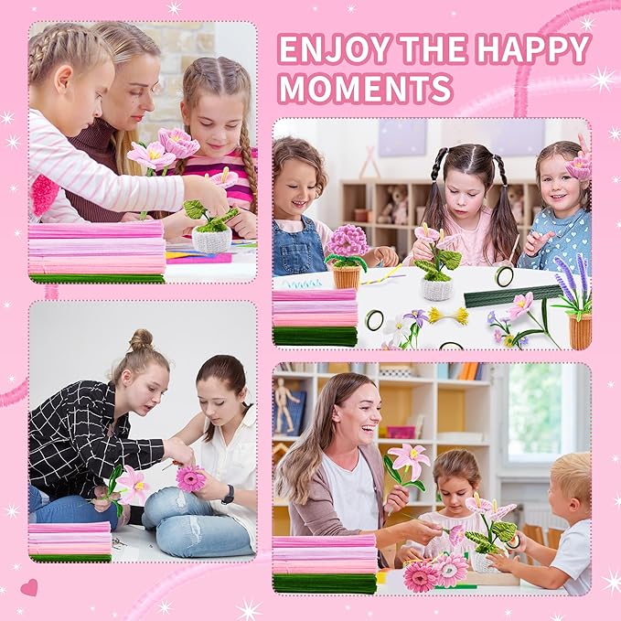 POMBUDS Lily Scented Pipe Cleaner Flower Craft Kit (Pink Theme) – 400 Chenille Stems, 20 Green Floral Stems, 2 Rolls Floral Tape, Yellow Stamens & Instruction Guide for DIY Bouquets and Decorations