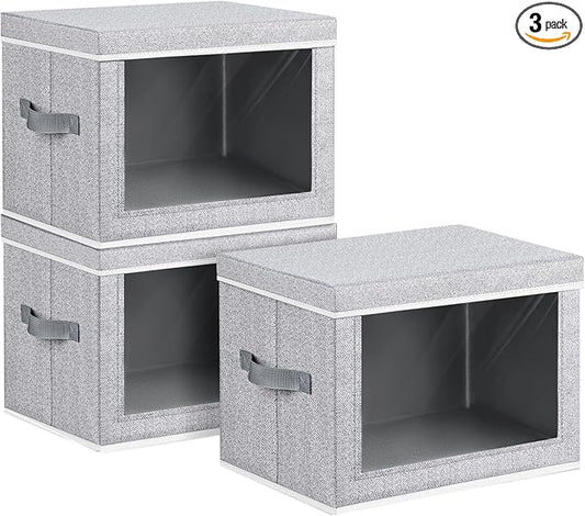 Collapsible Storage Bins with Lids - Stackable Storage Containers with Window, 3 Pack Fabric Bins for Closet, Home & Office Organization Baskets, Light Gray, 14.9" x 9.8" x 9.8"