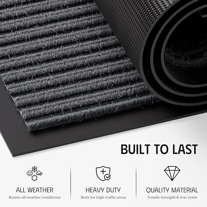 Front Door Mat, 3' x 5' Heavy Duty Door Mat Outside Entrance, Non-Slip Welcome Mat, Absorbent & Dirt Resistant, Low Profile Large Door Mats, Commercial Rugs for Entryway Indoor Outdoor, Grey
