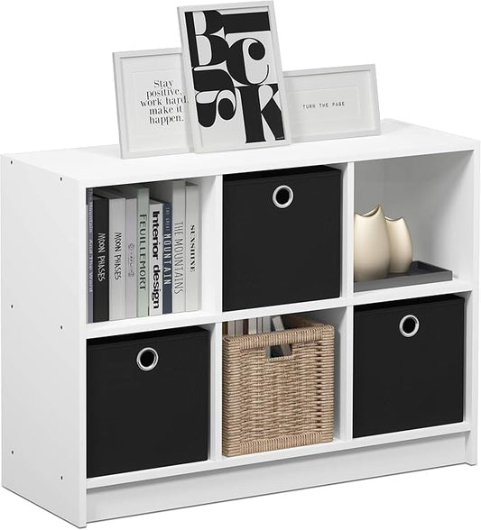 Furinno Basic 3x2 Cube Storage Bookcase Organizer with Bins, White/Black