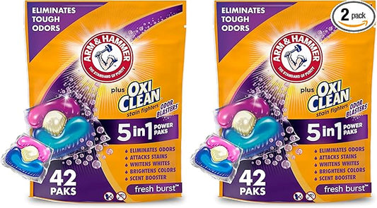 Arm & Hammer Plus OxiClean With Odor Blasters Laundry Detergent 5-IN-1 Power, 42 count (Packaging may vary) (Pack of 2)