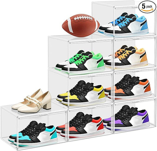 5 Pack Clear Shoe Boxes Size 12 Shoe Storage Organizer for Closet Stackable Shoes Rack Handbag Organizer Plastic Sneaker Storage Bin with Magnetic lids