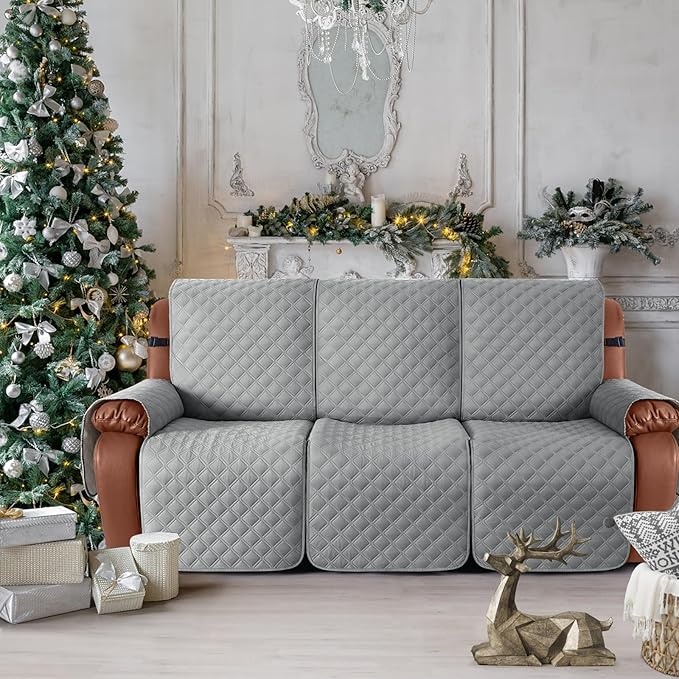 Ruaozz Waterproof Recliner Sofa Covers, 1-Piece Couch Covers for Reclining Couches Reclining Couch Cover Washable Furniture Protector with Elastic Straps Pocket for Kids Pets (Light Grey, 3 Seater)
