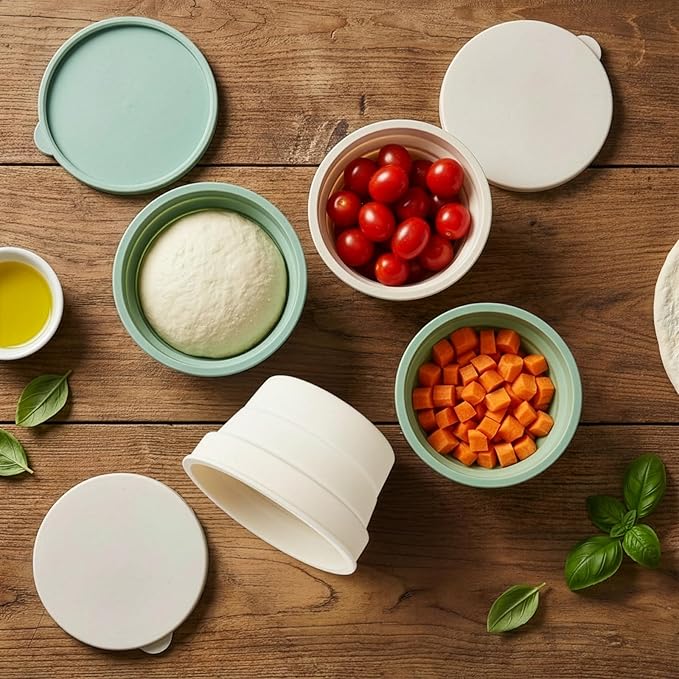 Lawei 4PCS Collapsible Pizza Dough Proofing Box with Lids, Food Grade Silicone Pizza Bread Dough Fermentation Bowls, Individual Stackable Dough Proofing Storage Containers for Baking, Dishwasher Safe