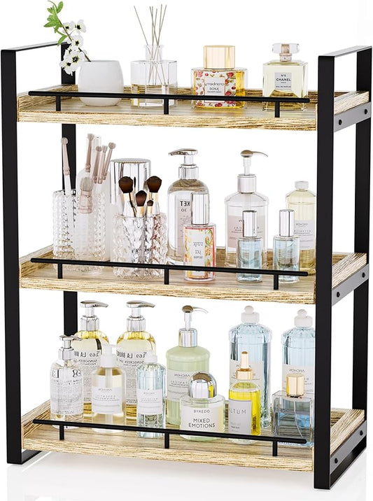 Bathroom Counter Organizer, 3 Tier Wood Countertop Shelf for Vanity, Skincare, Makeup, Kitchen Coffee and Sink Storage, with Durable Metal Bracket (Light Brown)