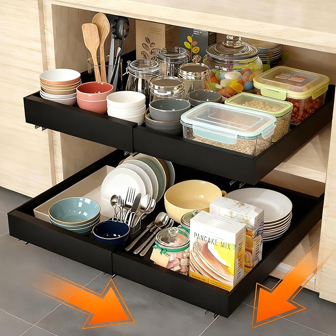 Pull out Cabinet Organizer 21" Depth (12.6-20.5 inch Width) Slide Roll Out Drawers Expandable Adjustable Shelves for Kitchen Bathroom Pantry Adhesive Nano Film 3 Slide Rails Black, 2pcs