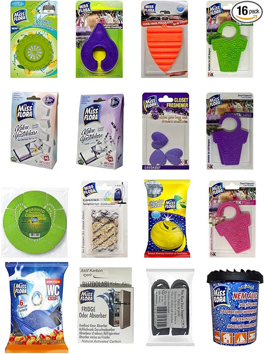 16-Piece Home Freshener Bundle – Sachets, Closet & Car Freshener, WC Block, Fridge Absorber, Moisture Control | Whole-Home Odor Eliminator