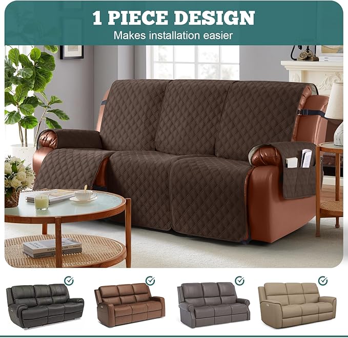 Ruaozz Waterproof Recliner Sofa Covers, 1-Piece Couch Covers for Reclining Couches Reclining Couch Cover Washable Furniture Protector with Elastic Straps Pocket for Kids Pets (Dark Brown, 3 Seater)