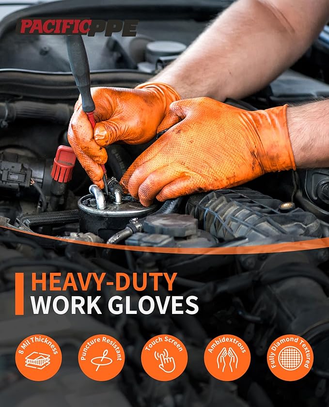 PACIFIC PPE 8 Mil Heavy-Duty Strength Nitrile Gloves, Chemical Resistant, Diamond Texture Industrial Disposable Gloves, Orange, 100PCs, XX-Large