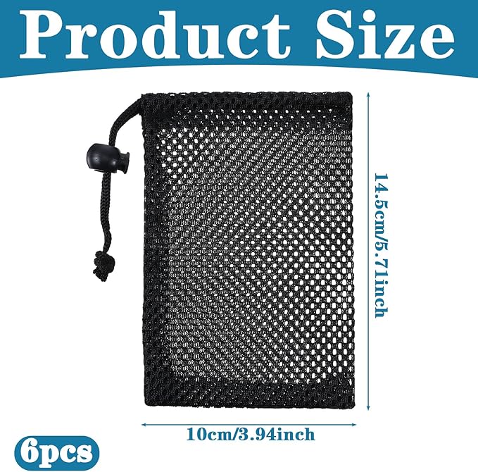 6 Pcs Small Mesh Bag Drawstring, 6" X 4" Black Nylon Drawstring Bags, Portable Mesh Gift Bags for Travel Stuff