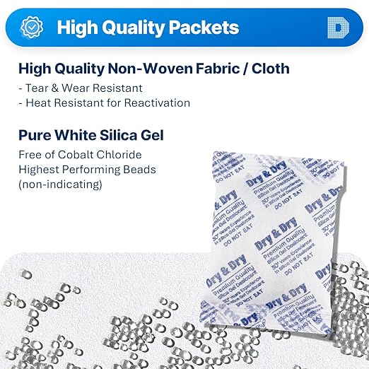 Dry & Dry 50 Gram [5 Packets] Silica Gel Packets Desiccants, Silica Packets - Rechargeable Silica Gel Packs, Desiccants Packets, Silica Gel