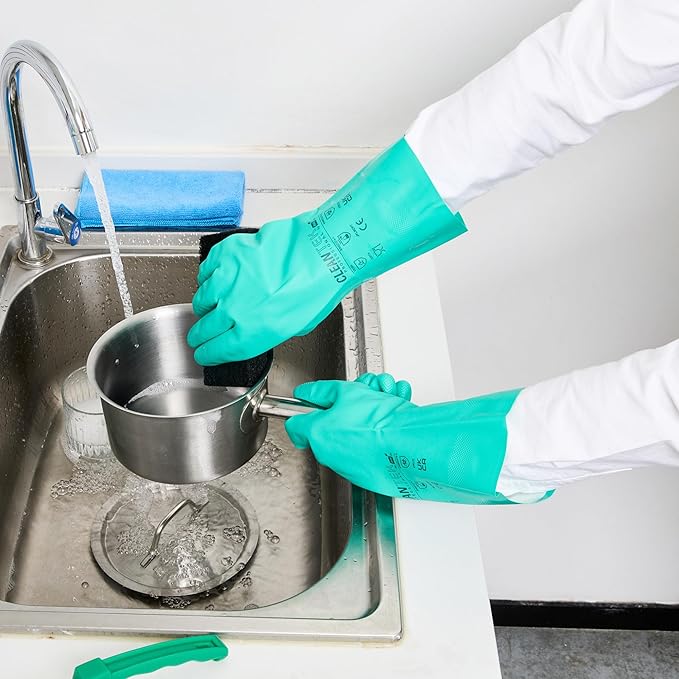 Restaurantware Green Cleaning Gloves 10 Pairs 15 Mil Thick XXL Heavy-Duty Nitrile Gloves With Long Cuff No-Latex Flock Lining For Use In Hospitals, Laboratories, Kitchens and Households