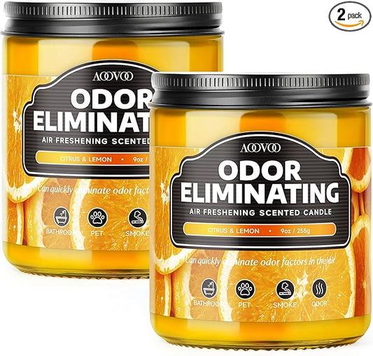 AOOVOO Citrus & Lemon 2 Pack Odor Eliminating Highly Fragranced Candle - Eliminates 95% of Pet, Smoke, Food and Other Smells Quickly, Non Toxic Air Freshing Soy Candle, 18 oz Up to 100 Hours Burn time