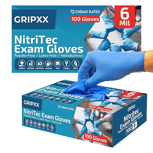 Heavy Duty 6 Mil Blue Nitrile Gloves Disposable Latex & Powder Free -Extra Stretchy Fentanyl Safe |Medical,First Aid Kit,EMT|Food Safe Rubber Gloves for Cooking & Cleaning| Pack of (200)