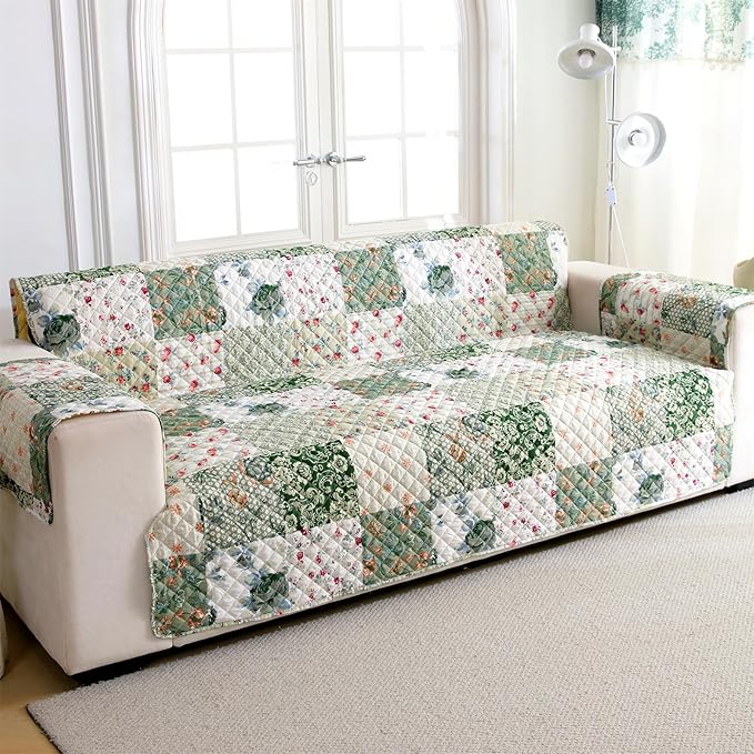 Cmfshape Skidproof Sofa Cover-Green Sofa Slipcover with Elastic Straps-Easy Fit Slip Cover-Patchwork Washable Furniture Protector for Pets and Kids(Sofa,Green)