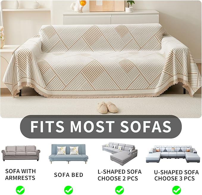 HAOMAIJIA Non Slip Couch Cover Sofa Covers for 3 Cushion Couch Washable sectional Couch Covers for Dogs pet Furniture Protector Couch Cover Blanket for Living Room (CQ-Khaki/Grey, 71"x118")