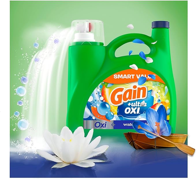 Gain Ultra Oxi Liquid Laundry Detergent, 107 loads, 154 fl oz, Waterfall Delight Scent, 2-in-1, HE Compatible
