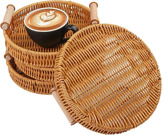4 Pack 8.9 inch Round Rattan Tray, Round Woven Serving Basket with Handles, Storage Rattan Serving Trays for Home, Restaurant & Hotel Use, Durable & Easy-Cleaning