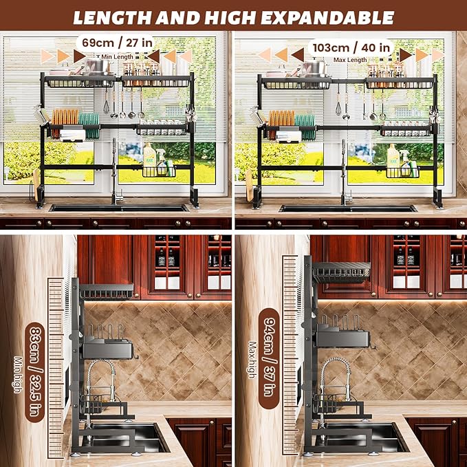 Over The Sink Dish Drying Rack 27-40L x 12W x 32.5-37H (inches) (Expandable Height and Length) Snap-On Design 2 Tier Large Dish Rack