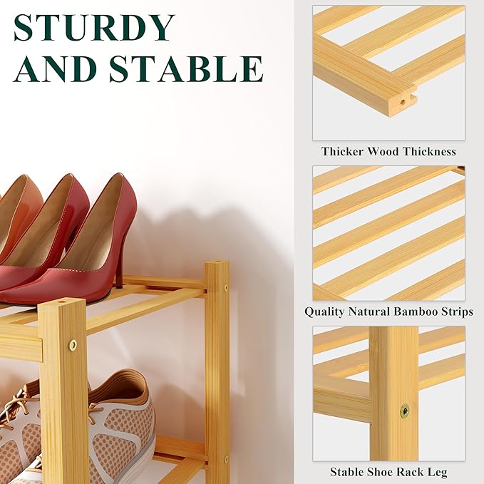 Smiry Bamboo Shoe Rack for Closet, 3 Tier Small Wooden Stackable Shoe Organizer, Free Standing Shoes Storage Shelf for Entryway, Front Door Entrance, Natural