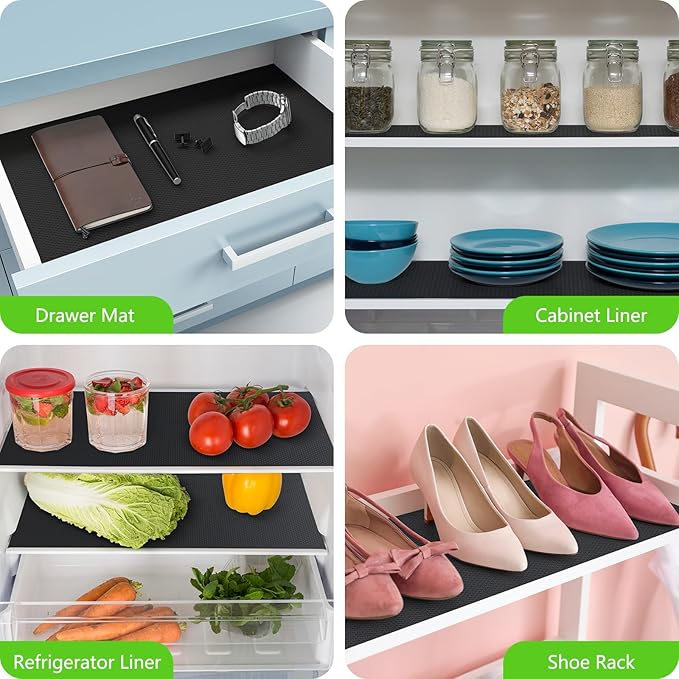 Black Shelf Liners for Kitchen Cabinets Non Adhesive Drawer Liner for Bathroom Waterproof Refrigerator Liners for Shelves Fridge Plastic Mats Cabinet Cupboard Liner 17.5 x 236.2 Inches x 2 Rolls