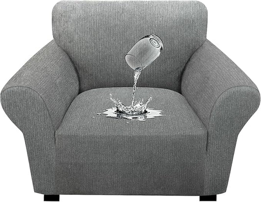 Waterproof Stretch Spandex Chair Sofa Slipcover - Non-Slip Soft Couch Cover with Elastic Bottom, Washable Leakproof Furniture Protector for Kids, Pets, Dogs & Cats (Chair, Light Gray)
