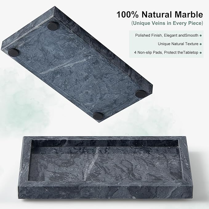 Natural Small Marble Vanity Tray, Luxury Stone Organizer for Bathroom & Kitchen | Holds Soap Dispenser, Jewelry, Perfume | Non-Resin, Non-Ceramic Décor (Black, Mini (7.9" x 4.3" x 0.78"))
