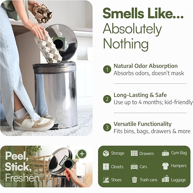 Trash Magic Activated Charcoal Trash Can Odor Eliminator - Peel & Stick Garbage Can Deodorizer - Air Freshener for Fridge, Compost, Drawers & Diaper Pails - Lasts 4 Months - Made in USA (1 Pack)