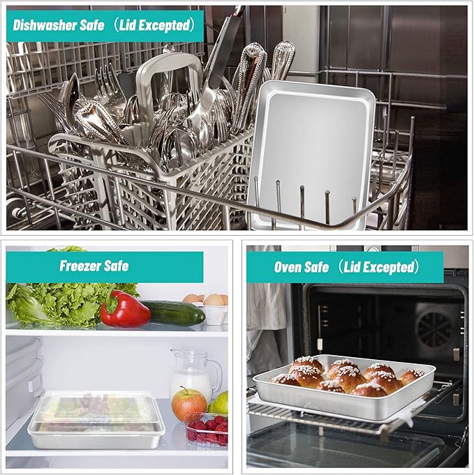 TeamFar Lasagna Pan, Stainless Steel 9.3 x 7 x 1.9 Inch Rectangle Cake Pan with Lid for Baking Roasting, Non-toxic & Deep Side, Dishwasher Safe-(3 Pans + 3 Lids)