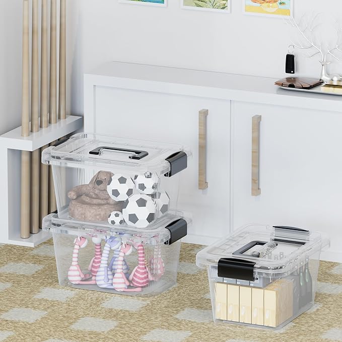 Lidded Storage Bin, Tote Organizing Container with Handle and Buckles, Stackable, Plastic, Clear, 6.8Qt, Pack of 20