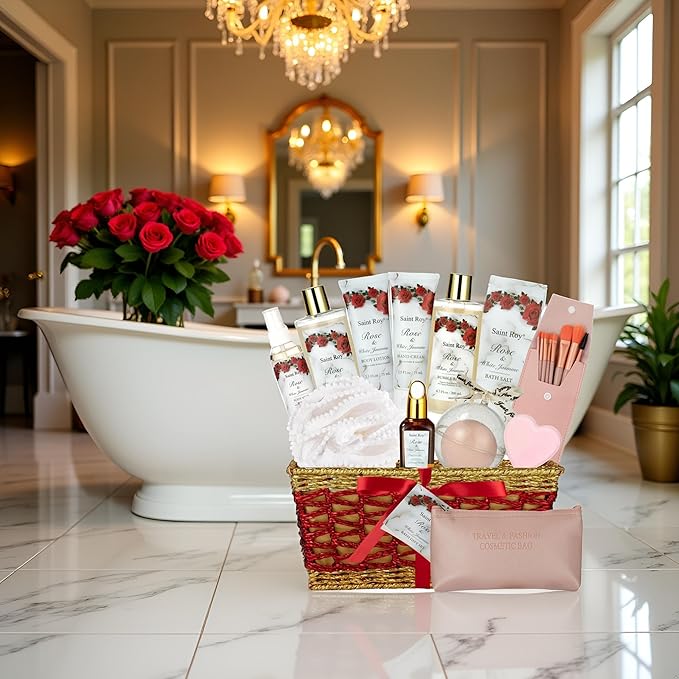 21 Pcs Luxury Spa Gift for Women, Red Rose Bath and Body Basket Gift, Skin Care Kit, Home Spa Self Care, Make-up sponge Brush, Pampering Kit, Birthday, Christmas, Mother, Bridal Shower, Anniversary