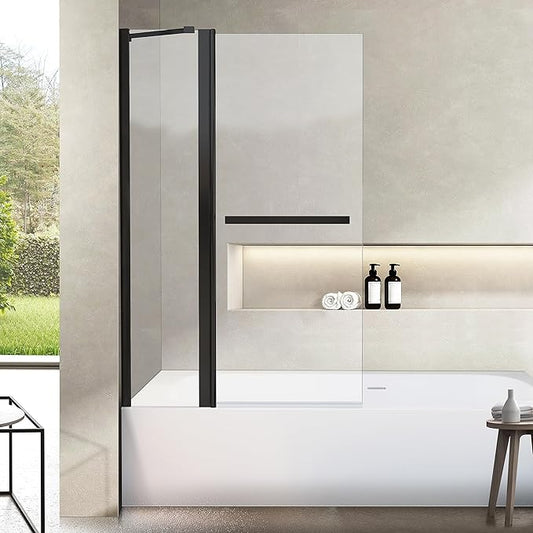Bathroom Pivot Tub Glass Door 36" W*55" H, Folding Bathtub Shower Door Screen with Tempered Glass, Frameless Glass Shower Door with Handle and Support Rod in Matte Black