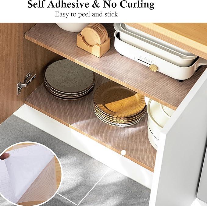 Shelf Liner with Adhesive Cabinet Drawer Liners Peel and Stick 20 in X 20 Ft Non-Slip Waterproof Kitchen Cupboard Drawer Mat for Pantry Shelves Closet Bathroom Refrigerator Liner Removable