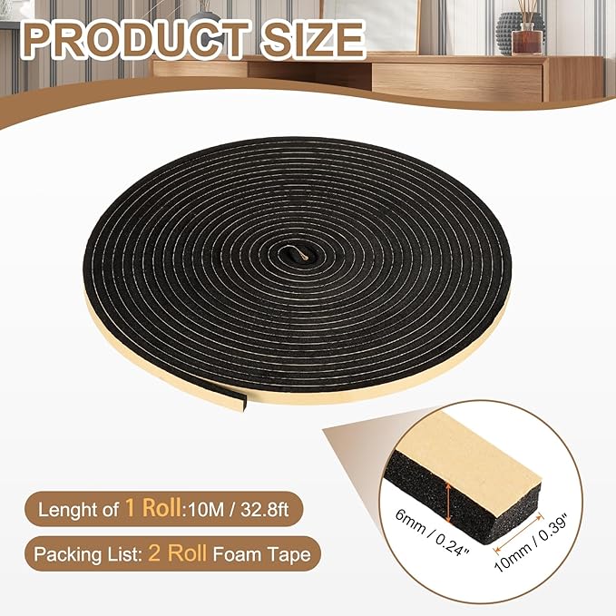 PATIKIL Foam Insulation Tape, 2Pcs 3/8" W x 1/4" t x 32.8FT Self Adhesive Weather Stripping Door Seal Strip for Door Window Air Conditioning, Black