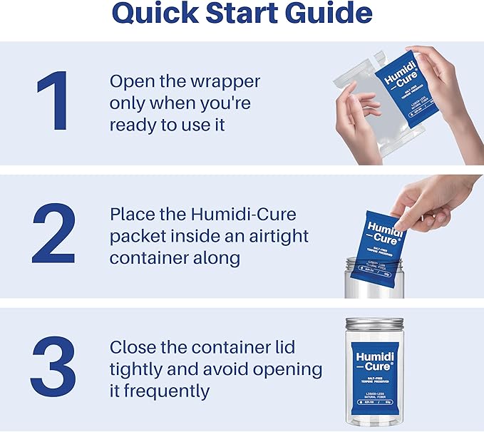Humidi-Cure 62% RH 2-Way Humidity Packs, Size 8g, 20 Packs, Moisture Absorbers for Storing 1 oz Herbs, Humidity Control Packs Preserving Aroma and Flavor with Liquidless Plant-Fiber, Salt-Free